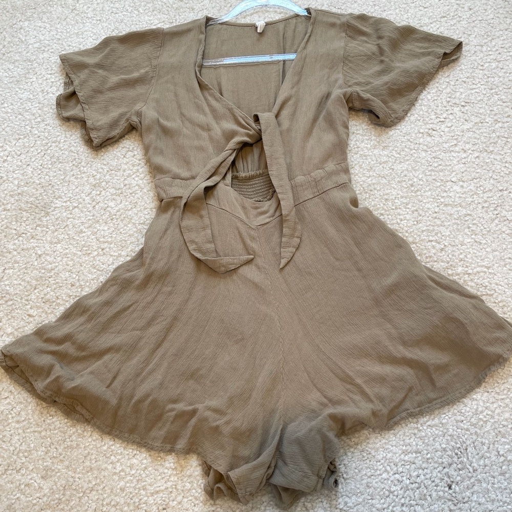 Khaki Tie Front Romper Boho Flutter Sleeve Festival Mini S - Picture 5 of 9